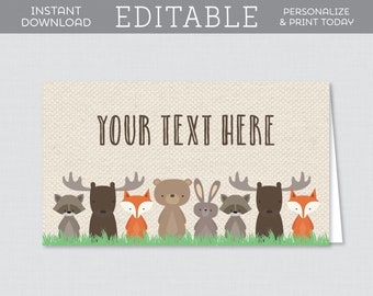 EDITABLE Tent Cards - Woodland Baby Shower Food Tent Cards Template - Editable Woodland Animal Themed Folded Place Cards Fox Moose Bear 0010