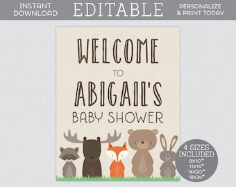 EDITABLE Woodland Baby Shower Welcome Sign - Editable Welcome Sign or Poster for Woodland Animal Themed Baby Shower Party - Fox Bear 0010