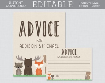 EDITABLE Woodland Baby Shower Advice Cards and Sign - Advice for Mommy or Parents Activity - Woodland Animal Themed Advice Cards 0010