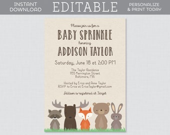 EDITABLE Woodland Baby Sprinkle Invitations - Printable Woodland Animal Baby Sprinkle Template - Instant Download Woodland Invite Fox 0010