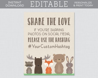 EDITABLE Woodland Baby Shower Hashtag Sign - 8x10 Woodland Animal Themed Share the Love Hashtag Sign - Editable Woodland Sign Template 0010