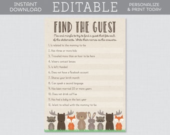EDITABLE Find the Guest Baby Shower Game - Woodland Baby Shower Find the Guest Game - Woodland Animal Themed Find the Guest 0010