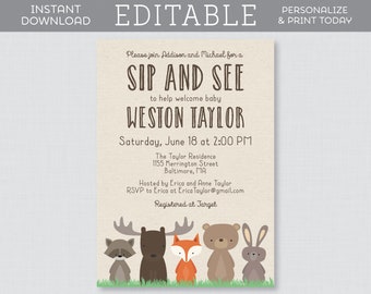 EDITABLE Woodland Sip and See Invitations - Printable Woodland Animal Baby Sip n See Template - Instant Download Woodland Invite Fox 0010