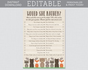 EDITABLE Would She Rather Baby Shower Game - Woodland Baby Shower Would She Rather Editable Template - Woodland Animal Themed Game 0010