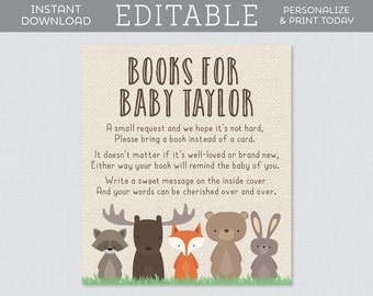 EDITABLE Woodland Baby Shower Bring a Book Cards - Editable Bring a Book Insert Cards - Woodland Animal Themed Book Insert Template 0010