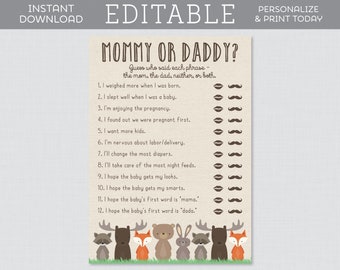 EDITABLE Woodland Baby Shower Mommy or Daddy Quiz - Editable Baby Shower He Said She Said Game - Woodland Animal Themed Parents Quiz 0010