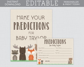 EDITABLE Predictions for Baby Cards and Sign - Woodland Baby Shower Predictions for Baby Activity - Woodland Animal Themed Predict Card 0010