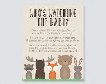 Woodland Baby Shower Who's Watching the Baby Game Sign - Printable Download Woodland Animal Themed Watch the Baby Game - Fox Bear Moose 0010