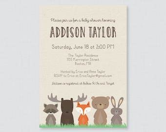 Woodland Baby Shower Invitation Printable OR Printed - Woodland Baby Shower Invites with Fox, Moose, Rabbit, Raccoon, Bear -  Woodland 0010