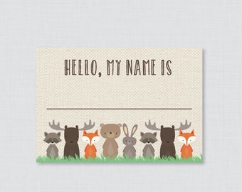 Woodland Name Tag Stickers - Printed Woodland Baby Shower Name Tag Labels - Woodland Animal Themed Hello, My Name Is Stickers Fox Bear 0010
