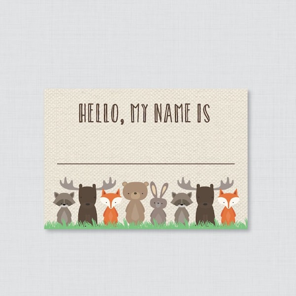 Woodland Name Tag Stickers - Printed Woodland Baby Shower Name Tag Labels - Woodland Animal Themed Hello, My Name Is Stickers Fox Bear 0010