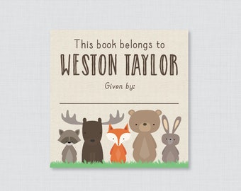 PRINTED Woodland Bookplate Stickers - Woodland Animal Themed Baby Shower Bookplate Labels - Baby Library Stickers Fox Bear 0010