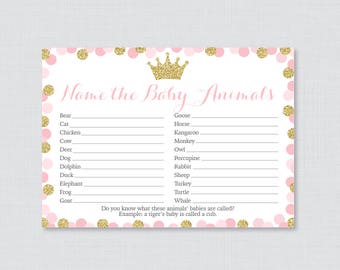 Pink and Gold Princess Baby Animal Name Game - Pink Glitter Princess Themed Baby Shower Baby Animal Name Game - Printable Download - 0070-G