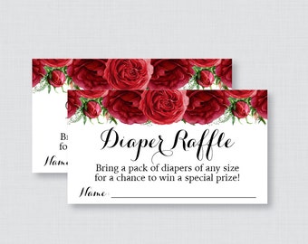 Red Baby Shower Diaper Raffle Tickets and Diaper Raffle Sign - Printable Red Roses Flower Diaper Raffle Cards, Sign - Winter, Christmas 0062