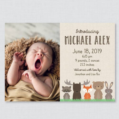 Printable or Printed Woodland Birth Announcement Cards Etsy