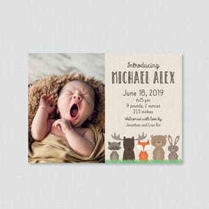 Printable or Printed Woodland Birth Announcement Cards - Woodland Animal Themed Birth Announcements, Moose, Fox, Bear, Rabbit, BA18, 0010