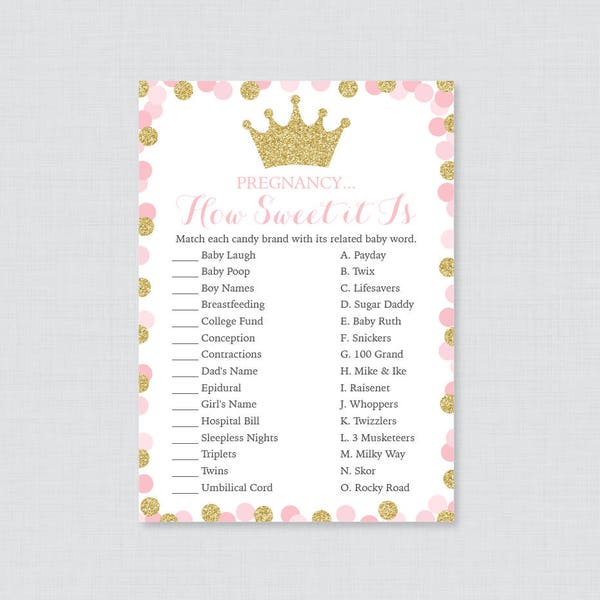 Pink and Gold Princess Baby Shower Pregnancy How Sweet It Is Game - Printable Download - Pink Glitter Princess Candy Match Game 0070-G