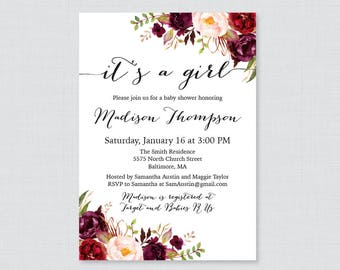 Marsala Floral Baby Shower Invitation Printable or Printed - Rustic Pink Flower Baby Shower Invites - It's A Girl Baby Shower Invite - 0073