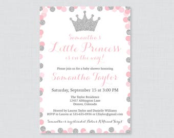 Princess Baby Shower Invitation Printable or Printed - Pink and Silver Glitter Princess Themed Baby Shower Invites, Pink Crown Invite 0070-S