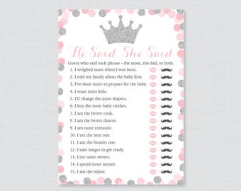Princess Baby Shower He Said She Said Quiz - Pink and Gray Glitter Princess Themed Mommy or Daddy Game, Baby Shower Phrases Quiz Game 0070-S
