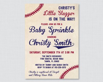 Baseball Baby Sprinkle Invitation Printable or Printed - Baseball Themed Baby Sprinkle Invites, Vintage Baseball Invitations Blue Red - 0027