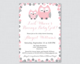 Owl Baby Shower Invitation Printable or Printed - Pink and Gray Owl Themed Baby Shower Invites, Pink Glitter Owl Baby Shower Invite 0069-P