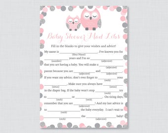 Owl Baby Shower Mad Libs Printable - Pink Owl Baby Shower Advice Cards Mad Libs Game - Instant Download - Pink and Gray Owl Mad Libs 0069-P