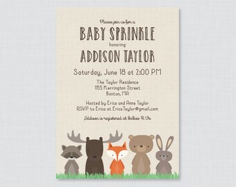 Woodland Baby Sprinkle Invitation Printable or Printed - Woodland Baby Sprinkle Invites with Fox, Moose, Rabbit, Raccoon, Bear - 0010