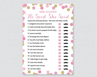 Pink Baby Shower He Said She Said Quiz - Baby Shower Mommy or Daddy Game - Pink and Gold Glitter Dots Baby Shower Phrases Quiz Game - 0008-p