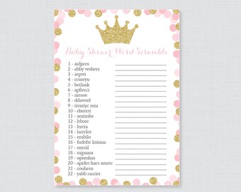 Princess Baby Shower Word Scramble Game - Printable Instant Download Pink and Gold Glitter Princess Themed Baby Shower Word Scramble 0070-G