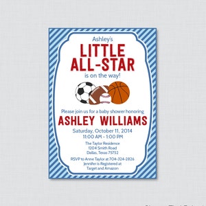 Sports Themed Baby Shower Invitation Printable or Printed - Blue Baby Shower Little All-Star Invitations, Boy Baby Shower Invite 0015-B