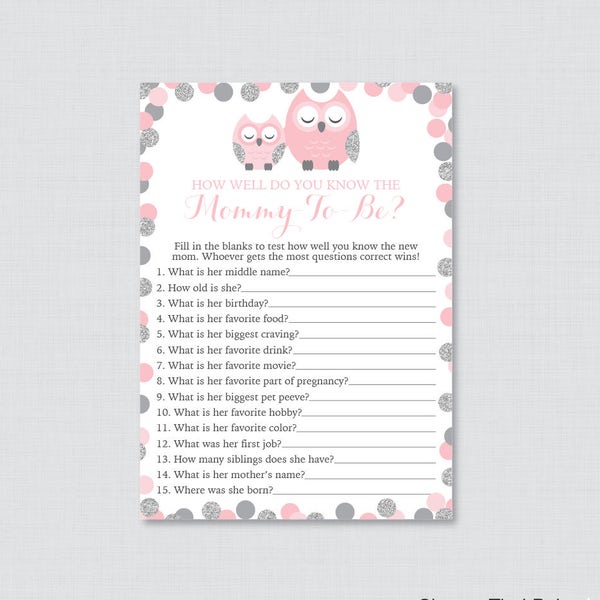 Pink and Gray Owl Baby Shower Printable How Well Do You Know the Mommy to Be Game - Who Knows Mommy Best? Glitter Owl Themed Quiz 0069-P