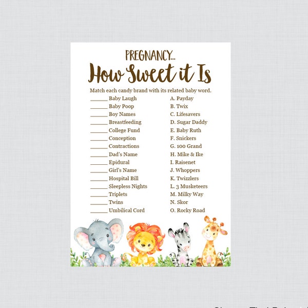 Safari Baby Shower Pregnancy How Sweet It Is Game - Printable Instant Download - Safari Animal Baby Shower Candy Game - Safari Game 0060