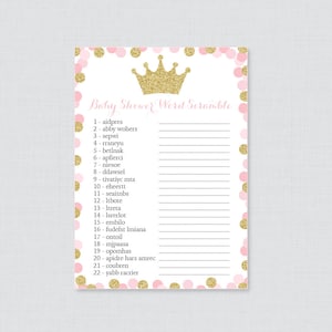 Princess Baby Shower Word Scramble Game Printable Instant Download Pink and Gold Glitter Princess Themed Baby Shower Word Scramble 0070-G image 1