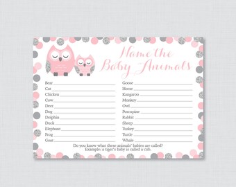 Pink and Gray Owl Baby Animal Name Game - Pink Owl Themed Baby Shower Baby Animal Name Game - Printable Download - Baby Animal Match 0069-P