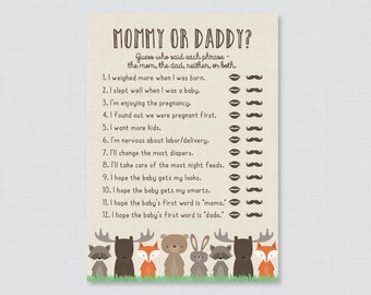 May include: A printable game for a baby shower, asking guests to guess who said each phrase - the mum, the dad, neither, or both. The phrases are related to pregnancy, childbirth, and parenting. The game features a woodland animal theme with illustrations of a moose, fox, bear, rabbit, and raccoon.