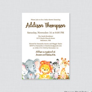 May include: A baby shower invitation with a watercolor illustration of a giraffe, zebra, lion, and elephant. The invitation is for Addison Thompson and is scheduled for Saturday, November 16th at 8:00 PM at The Smith Residence, 5575 North Church Street, Baltimore, MA. The invitation includes RSVP information and details about where Addison is registered.