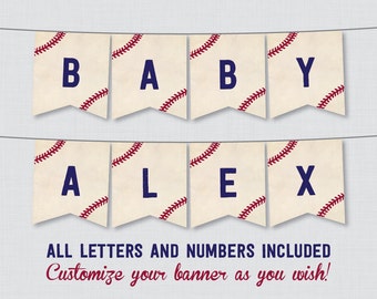 Printable Baseball Baby Shower Banner - Vintage Baseball Shower Decor, Customizable DIY Banner Printable with ALL Letters And Numbers - 0027