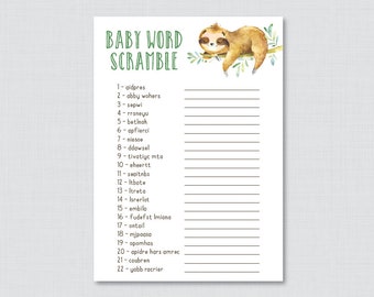 Sloth Baby Shower Word Scramble Game - Printable Instant Download Baby Word Scramble Cards - Cute Sloth Themed Shower Game - 0076