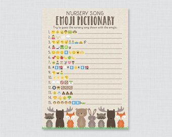 Woodland Baby Shower Emoji Game Printable - Woodland Animal Nursery Song Emoji Pictionary Game - Instant Download Children's Song Game 0010