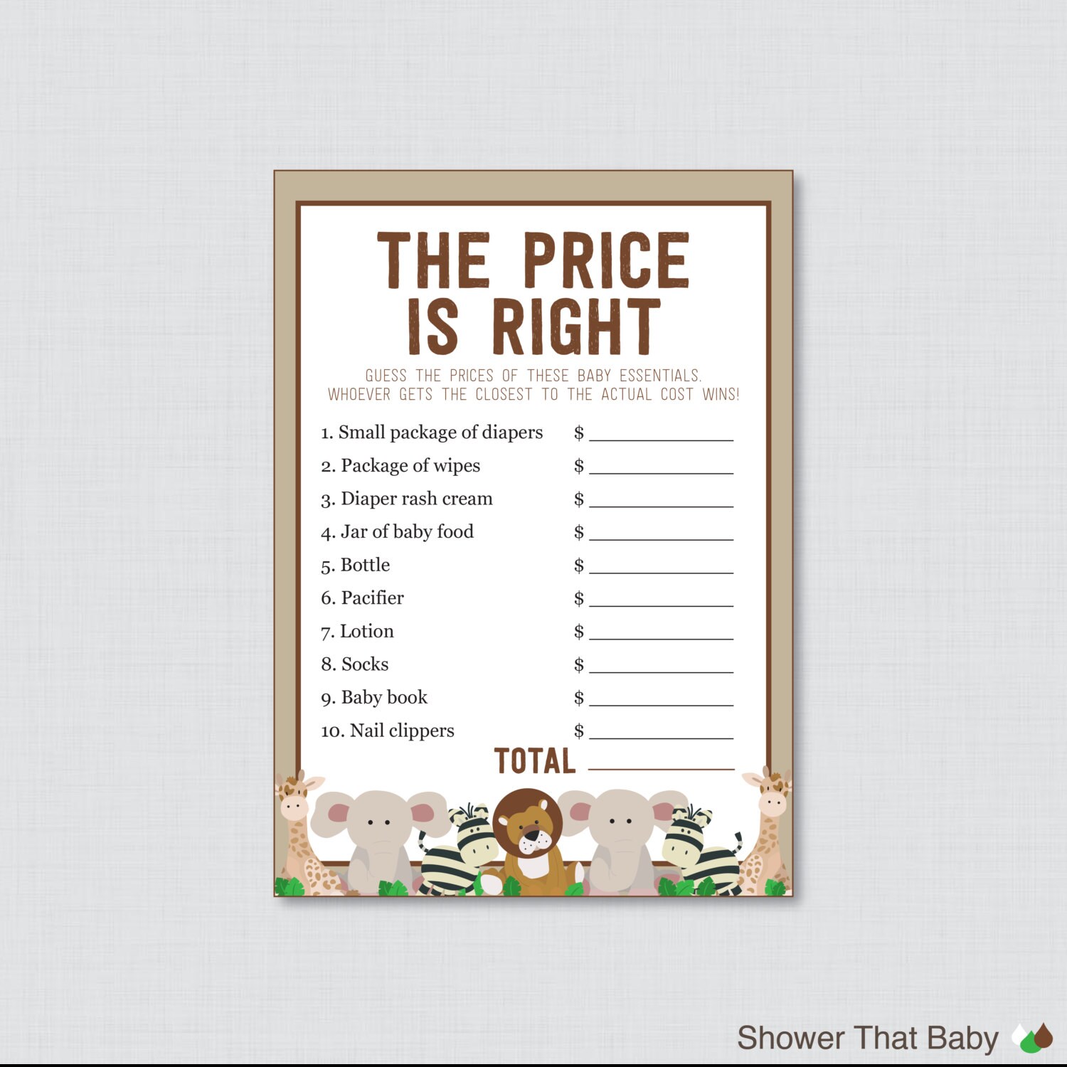 Safari Baby Shower Price is Right Game Printable Instant Etsy