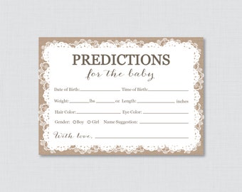 Burlap and Lace Baby Shower Prediction Cards - Instant Download - Baby Statistics Game Guess Baby's Birthday, Weight, etc Burlap Lace 0063