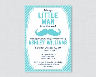 Mustache Baby Shower Invitation Printable or Printed Invite - Little Man Invitation Baby Shower Invites Boy Baby Shower, Blue, Aqua 0002-A