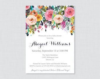 May include: A floral baby shower invitation with a watercolor design featuring pink, yellow, and blue flowers. The invitation reads "Please join us for a baby shower honoring Abigail Williams, Saturday, September 15 at 3:00 PM, The Taylor Residence, 12457 Abbington Lane, Denver, Co. Hosted by Lauren Taylor and Danielle Williams. RSVP to Lauren at 535-635-8936 or LTaylor@gmail.com. Abigail is registered at Babies R Us and Target."