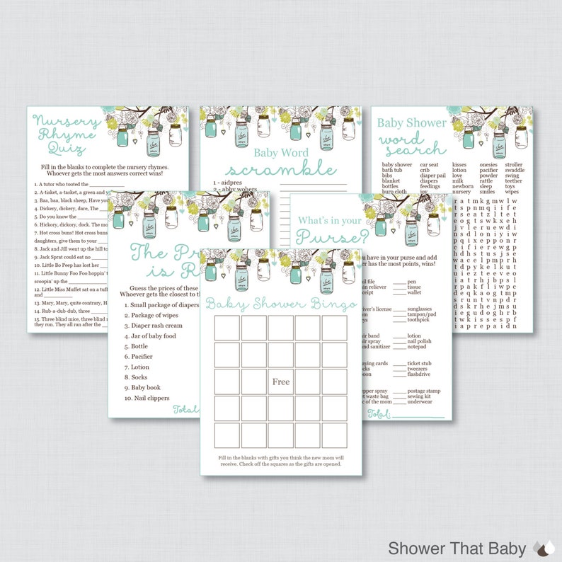Mason Jar Baby Shower Games Printable Package in Blue Aqua Etsy