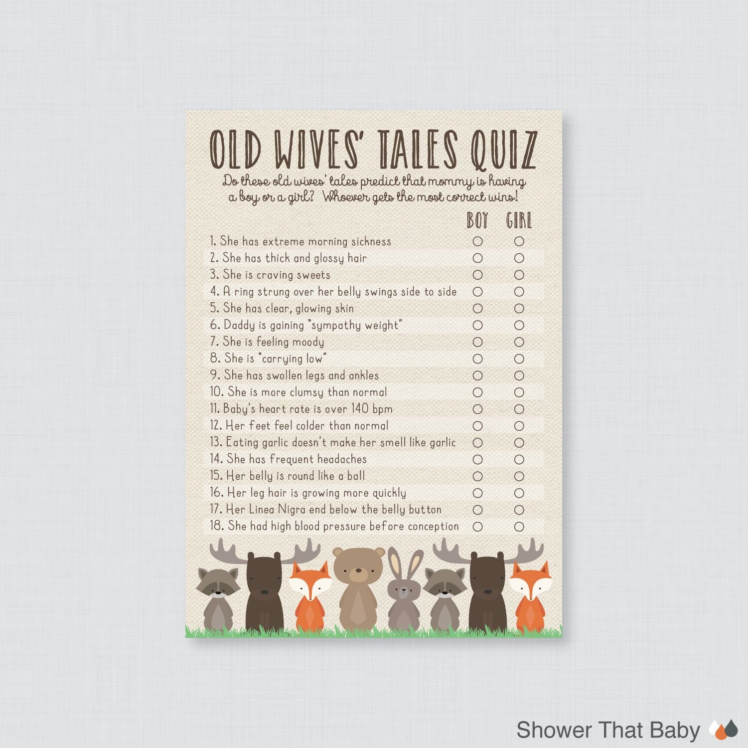 Woodland Baby Shower Old Wives' Tales Quiz Printable - Etsy Australia