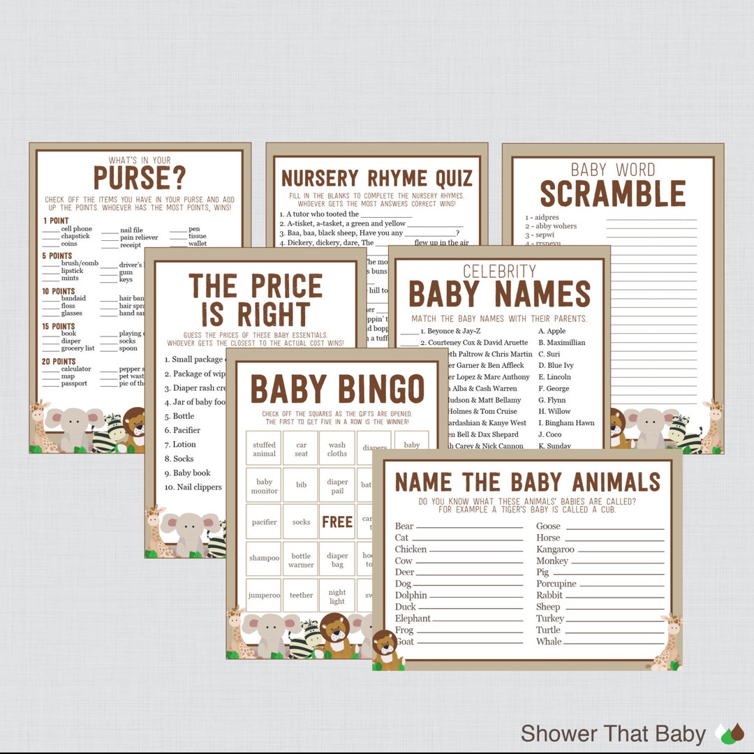 Safari Baby Shower Games Package With Seven Printable Games - Safar ...