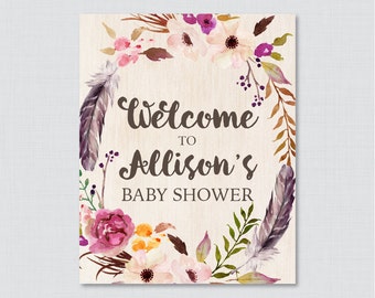 Boho Baby Shower Welcome Sign Printable Personalized Shower Welcome Sign - Flower and Feathers Bohemian Baby Shower Customized Sign - 0043