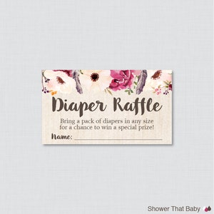 Billets de tombola de couches Boho Baby Shower et signe de tombola de couches - cartes de tombola de couches Boho imprimables, signe - plumes fleurs couche 0043