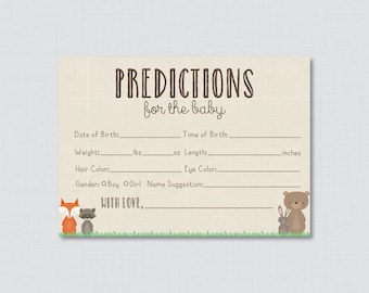 Woodland Baby Shower Prediction Cards Printable - Instant Download - Baby Statistics Game Guess Baby's Birthday, Weight, etc - Woodland 0010